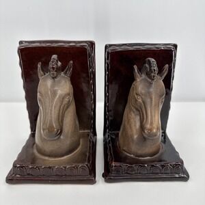 Mid-Century Art Deco Ceramic Horse Head Library Bookends Trojan Equestrian